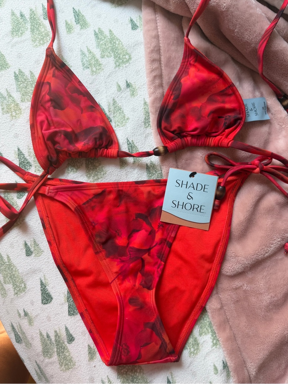 Shade & Shore Red and Orange Floral Tie-Side Triangle Bikini Top